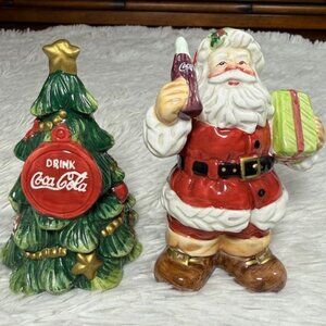 Vintage Coca-Cola Ceramic Santa and Christmas Tree Salt and Pepper Shakers Set
